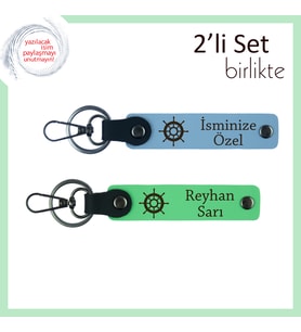 İkili Kullanım İçin Uygun Gemi Dümeni Motifli Deri Anahtarlık Takımı, Gök Mavi-Fıstık Yeşil
