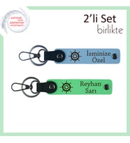 İkili Kullanım İçin Uygun Gemi Dümeni Motifli Deri Anahtarlık Takımı, Gök Mavi-Fıstık Yeşil