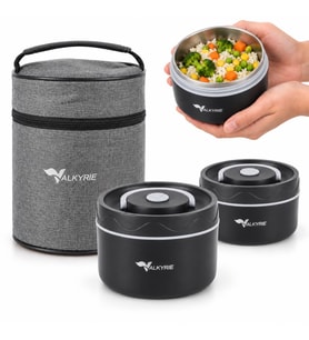 Valkyrie 2 Katlı Taraftar 304 Paslanmaz Çelik Yemek Termosu 420+550 ml Isı Yalıtımlı Çantalı Siyah