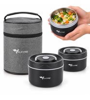 Valkyrie 2 Katlı Taraftar 304 Paslanmaz Çelik Yemek Termosu 420+550 ml Isı Yalıtımlı Çantalı Siyah