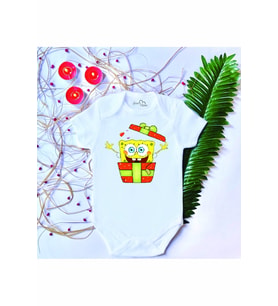 Unisex Bebek Baskılı Yılbaşı Sünger Bob %100 Pamuklu Çıtçıtlı Body Zıbın