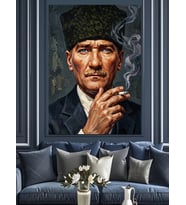 Kalpaklı Ve Sigara İçen Atatürk Dekoratif Kanvas - Mdf Ahşap Tablo