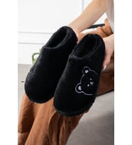 Ayıcık Desenli Nakışlı  Kışlık Unisex Ev Terliği  Kaydırmaz Taban (Siyah)