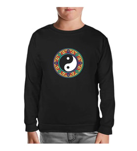 Yin Yan Symbol in the Middle of Mandala Design Siyah Çocuk Sweatshirt