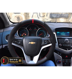 Chevrolet Cruze Dikme Direksiyon Kılıfı Alcantara Süet Mat Karbon Kırmızı Yüzük ve Dikiş 2008-2016