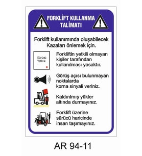 Talimatlar Uyarı Levhaları FORKLİFT KULLANMA TALİMATI İŞ GÜVENLİĞİ UYARI LEVHASI 1 ADET PVC 21 X 29CM