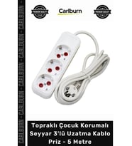 Özel Üretim Beyaz Renk Topraklı Çocuk Korumalı Seyyar Grup Priz Çoklu 3'lü Uzatma Kablo Priz 5 Metre