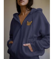 Kadın Tekir Kedisi Baskılı Tam Boy Fermuarlı Oversize Hoodie (Lacivert)