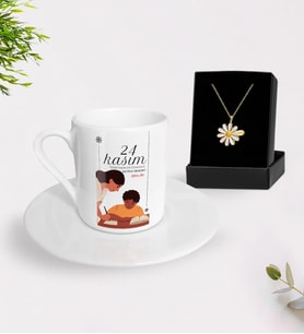 BK Gift Kişiye Özel Öğretmenler Günü Türk Kahvesi Fincanı ve İsimli Papatya Kolye Hediye Seti- 5, Öğretmene Hediye, Öğretmenler Günü
