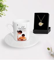 BK Gift Kişiye Özel Öğretmenler Günü Türk Kahvesi Fincanı ve İsimli Papatya Kolye Hediye Seti- 5, Öğretmene Hediye, Öğretmenler Günü