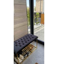 Kapitoneli Puf Bench Kapı Önü Metal Ayakkabılık Mavi (Gri)