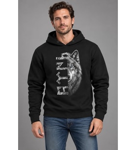 Mavi Gözlü Kurt Göktürk Baskılı Siyah Kapüşonlu Cepsiz Sweatshirt