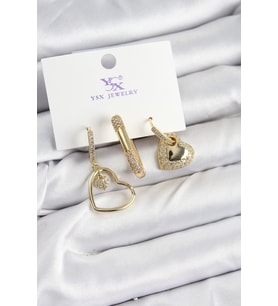 Pirinç Zİrkon Taşlı Kalp Model Gold Renk 3'lü Kadın Küpe 5886 - GLST7312-4877
