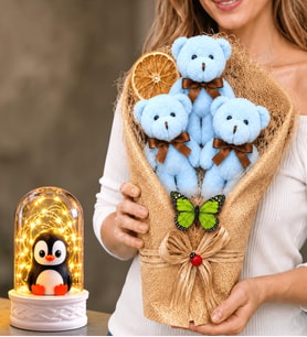 Mavi Peluş Ayıcıklı Büyük Boy Buket ve LED Işıklı Penguenli Fanus Hediye Seti