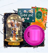 İsimli, 3 Fotoğraflı ve Işıklı Fanus & Pembe Kahve Fincanı  Kişiye Özel Premium Set (Model 9)