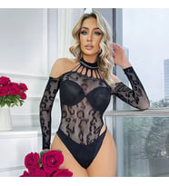 LYYN Nightlight 5580 Leopar Desenli Badysuit (Siyah)