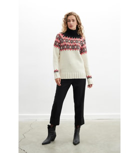 Styleboom X Peraluna COTSWOLD FAIR ISLE PULLOVER Balıkçı Yaka Baklava Desen Kazak Kadın Triko Kazak - Ekru Multi