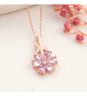 Gümüş Rose Pembe Sevgi Çiçeği Kadın Kolye SL6145