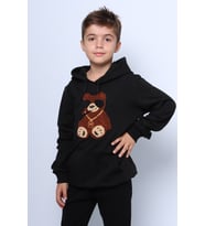 ERKEK ÇOCUK KAPŞONLU SWEAT AYICIK BASKILI CEPLİ C29 (Siyah)