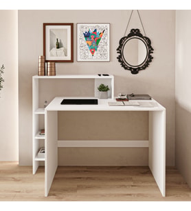 Amber Çalışma Masası – Raflı, Modern Bilgisayar Masası (Beyaz)