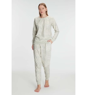 Kadın Yeşil Uzun Kollu Mozaik Desenli Lastik Paça Detaylı Pijama Takımı (Renksiz)