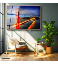 Altın Renk Metal Çerçeveli Tamperli Cam Tablo Golden Gate Köprüsü Gece Trafiği Şehir Mimari Tablo Duvar Dekoru