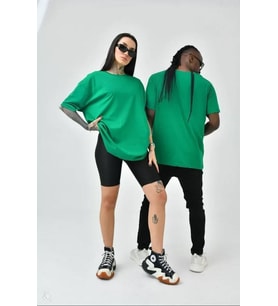 Unisex Basic Bisiklet Yaka Oversize T-Shirt - Yeşil
