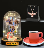 Kişiye Özel Led Işıklı Fanus, Türk Kahvesi Fincanı ve Anka Kuşu Kolye (Model 5)