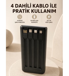 Hızlı Şarj Powerbank 50.000 mAh 4 Dahili Kablolu LED Aydınlatmalı Dijital Göstergeli Taşınabilir Bat