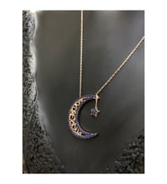 Gümüş Kolye - Ay Yıldız Serisi Mavi Taşlı Vintage Roze Renk Gümüş Kolye