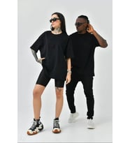 Unisex Basic Bisiklet Yaka Oversize T-Shirt - Siyah