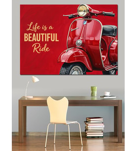 Kırmızı Vespa "Life İs A Beautiful Ride" Dekoratif Kanvas - Mdf Ahşap Tablo