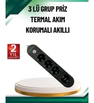 Akım Korumalı Anahtarlı USB Girişli Üçlü Priz