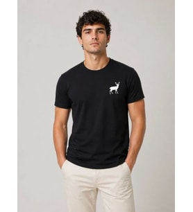Erkek Minimal Geyik Logolu Tişört Bisiklet Yaka Kısa Kol Yazlık T-Shirt - Siyah