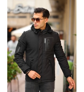 Outdoor Kapüşonlu Su Ve Rüzgar Geçirmez Kapitone Içi Kürklü Elyaf Dolgulu Şişme Softshell Mont (Siyah)