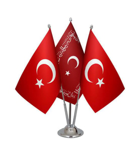 Masa Üstü Ayetli Osmanlı Bayrağı Türk Bayrağı Üçlü Krom Direk Masa Bayrak Seti