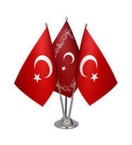 Masa Üstü Ayetli Osmanlı Bayrağı Türk Bayrağı Üçlü Krom Direk Masa Bayrak Seti