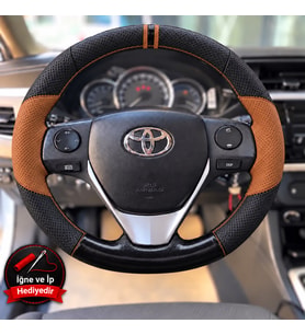 Toyota Prius XW30 Dikme Direksiyon Kılıfı Delikli Deri Parlak Siyah Taba Detay Çift Yüzük ve Dikiş 2012-2015