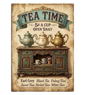 TEA TIME Çaydanlıklı ve Dolaplı Vintage Poster Dekoratif Kanvas - Mdf Ahşap Tablo