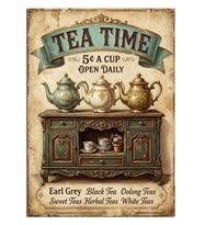 TEA TIME Çaydanlıklı ve Dolaplı Vintage Poster Dekoratif Kanvas - Mdf Ahşap Tablo