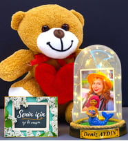 Sizlere Özel Premium Hediye Seti  Led Işıklı Fanus ve Kalpli Peluş Ayıcık (Model 10)