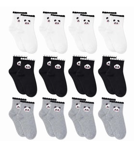 Wak Kadın Panda Desenli Kısa Konç Çorap 12’li Paket, %80 Pamuklu Dikişsiz Burun, Nefes Alan Yumuşak Bilek Çorabı, Siyah Beyaz Gri