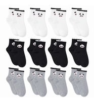 Wak Kadın Panda Desenli Kısa Konç Çorap 12’li Paket, %80 Pamuklu Dikişsiz Burun, Nefes Alan Yumuşak Bilek Çorabı, Siyah Beyaz Gri