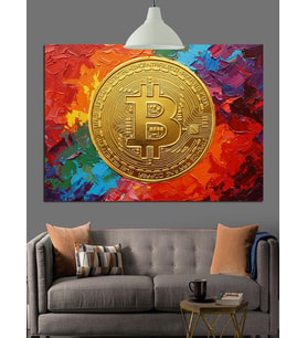 Renkli Fonda Bitcoin Sembolü Dekoratif Kanvas - Mdf Ahşap Tablo