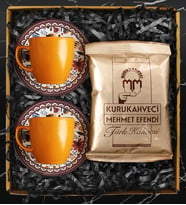 İkili Özel Desenli Turuncu Türk Kahvesi Fincanı Seti & Türk Kahvesi