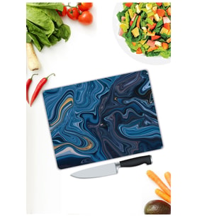 Mavi Mermer Görünümlü Cam Kesme  ve Sunum Tahtası  25 cm x 35 cm