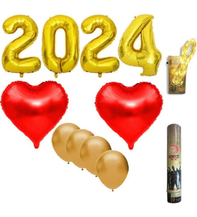 2025 Yılbaşı Süsleme Seti  Gold Kırmızı ,kalp Balon , Konfeti ,pilli Led , Rakam Folyo Balon-