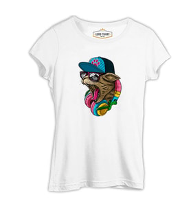 Cat Headphone Müzik Beyaz Kadın Tshirt