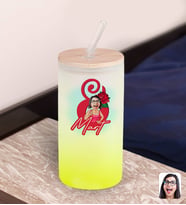 BK Gift Kadınlar Gününe Özel Karikatürlü Sarı Renk Pipetli Buzlu Cam Bardak 600ml - 4, 8 Mart Kadınlar Günü