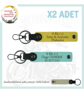 Motor Severlere, İsim Plaka ve 0 Rh (+) Kan Grubu Yazılı Özel Tasarım x2 Anahtarlık, Sarı-Turkuaz-SK (Çok Renkli)
